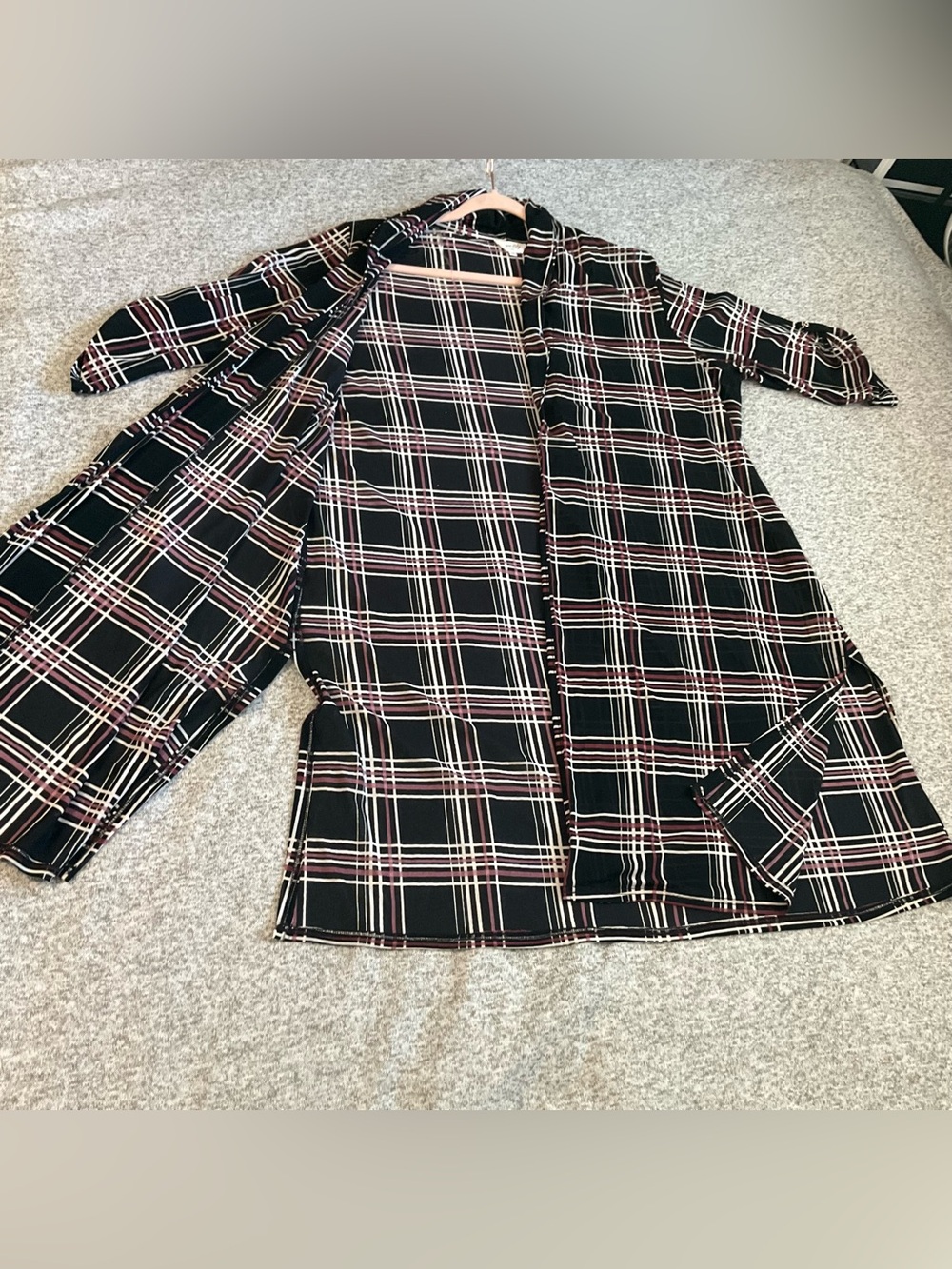 Siren Lily Black White & Burgundy Plaid Open-Front Cardigan Kimono Sheer Size 2X